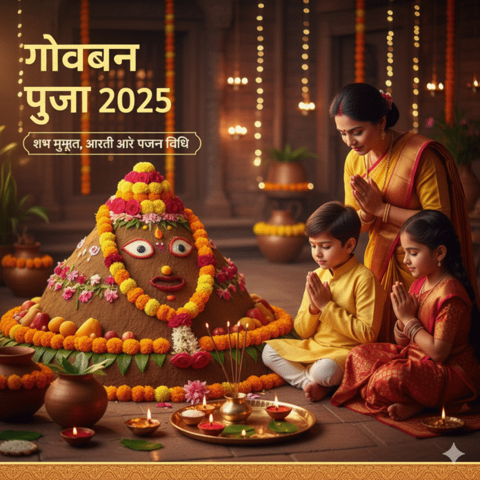 गोवर्धन पूजा 2025 आज 22 अक्टूबर को मनाई जा रही है। शुभ मुहूर्त सुबह 6:26-8:42 और दोपहर 3:29-5:44। पढ़ें पूजन विधि, आरती और महत्व। #GovardhanPuja2025
